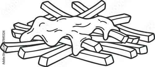 A cartoon illustration of cheesy fries, featuring melted cheese on crispy potato fries.