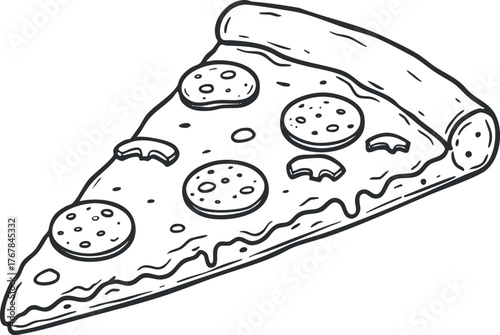 A hand-drawn illustration of a slice of pizza with pepperoni toppings and melted cheese.