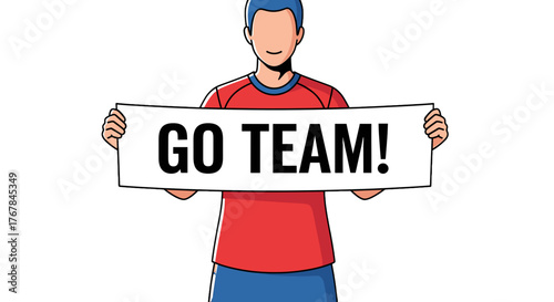 Enthusiastic man cheering on the team, holding a motivational sign with a big smile, ready to win a championship.