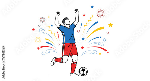 A soccer player cheers, with arms raised in victory after scoring a goal in front of celebratory fireworks.