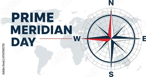 Prime meridian day with compass and world map international holiday vector illustration
