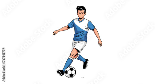 Cartoon of a soccer player with a blue jersey skillfully dribbling the ball during an intense match on the field.