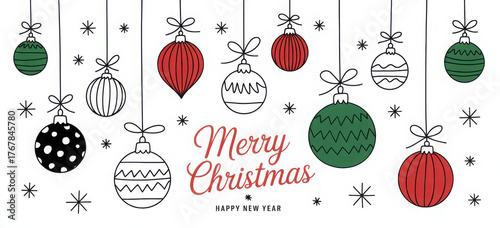 Elegant Christmas ornament illustration with red and green baubles a festive vector design for holiday cards and seasonal greetings