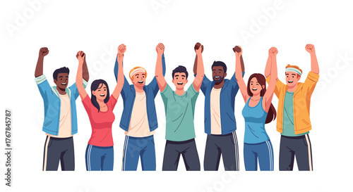 A group of diverse people stand side-by-side, raising their hands in celebration, showing unity and achievement.