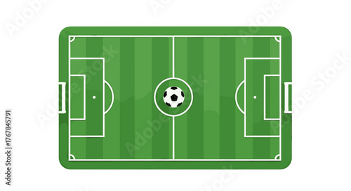 Aerial shot of a vibrant green soccer field with white lines, goals at each end, and a classic soccer ball at center.