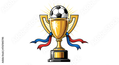 Vector illustration of a golden trophy cup topped with a soccer ball, radiating light, adorned with red and blue ribbons.