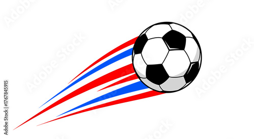 Dynamic soccer ball hurtles forward, propelled by streaks of blue and red energy on a contrasting transparent background.