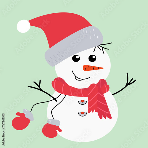 Vector flat snowman clipart in red Santa hat, scarf and mittens. Perfect for winter holidays, cards, decor, web or festive design. EPS editable.