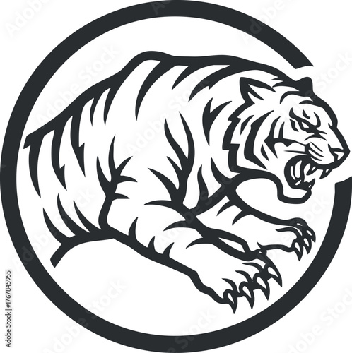 Stylized illustration of a fierce tiger in motion within a circular design.