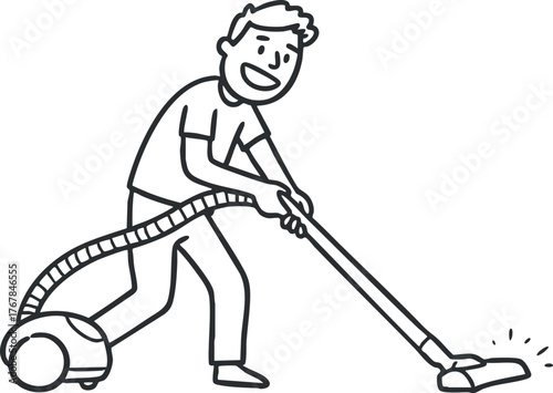A cheerful man vacuuming his home, showcasing indoor cleaning and household chores.