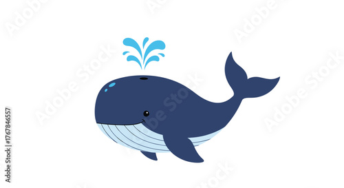 Cute cartoon blue whale spouting water in a playful underwater scene.