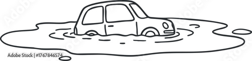 A simple line drawing of a car partially submerged in flood water.