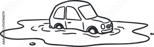 A cartoon illustration of a car partially submerged in floodwater during a disaster scenario.