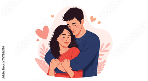 A romantic vector illustration of a happy couple embracing with closed eyes, surrounded by hearts and decorative elements, symbolizing love and affection.