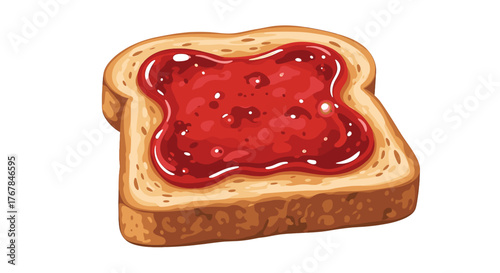 A delightful piece of toast with a generous topping of luscious red jam, ready to be enjoyed at any time.