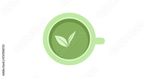 Minimalist green tea illustration with two leaves in a cup, set against a plain transparent background for a simple aesthetic.