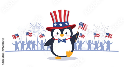 Patriotic penguin celebrating with American flags and fireworks wearing a red, white, and blue top hat and bow tie for the Fourth of July.