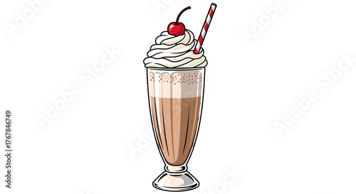 A delightful dessert features a milkshake with a cherry on top and a striped straw, a treat for any day of the week.