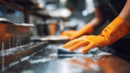 Close-up of Hands Wearing Orange Gloves Scrubbing a Kitchen Countertop with Sponge, Cleaning Supplies and Soapy Water in Commercial Kitchen Environment