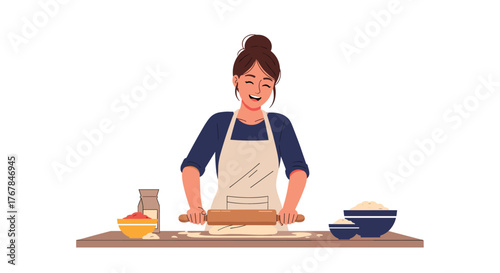 Happy woman in apron baking and rolling dough on table in preparation for making food at home, cooking concept illustration.