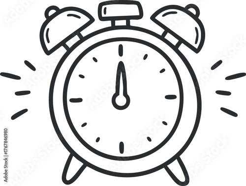 An illustration of a classic alarm clock showing the time with ringing bells.