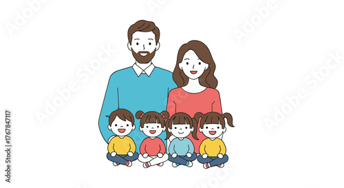 A happy cartoon family of two parents and four children sitting together on a white background.