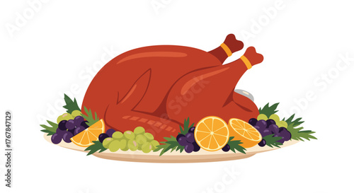 A roasted turkey on a platter with grapes and oranges, perfect for a festive feast.