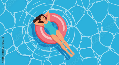 Relaxing woman floating on an inflatable ring in a swimming pool on a sunny summer day, enjoying leisure and vacation time near water.