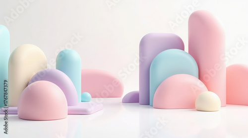 Soft pastel sculptural forms arranged in a minimalist composition on a white background