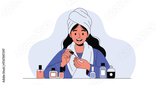 A smiling woman with a towel on her head and a robe is engaged in a personal beauty ritual, painting her fingernails with polish.