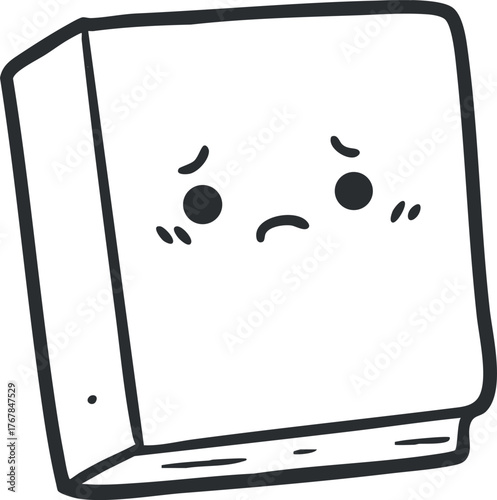 A cartoonish sad book character with a cute face and simple design.