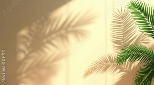 Sunlight casts intricate palm leaf shadows across a warm textured wall creating a serene tropical ambiance
