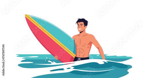 A smiling young man in swim trunks stands in the ocean, holding a vibrant surfboard, ready for a fun summer day of surfing.