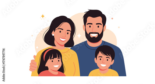Happy cartoon family of four, parents and two children smiling together.