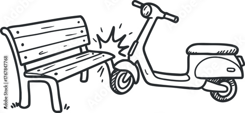 A playful illustration of a scooter parked next to a wooden bench in an outdoor setting.