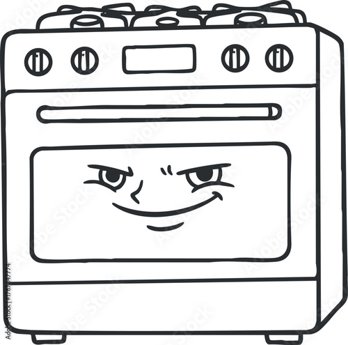 A cartoon style oven with a playful smile, perfect for kitchen illustrations and cooking themes.