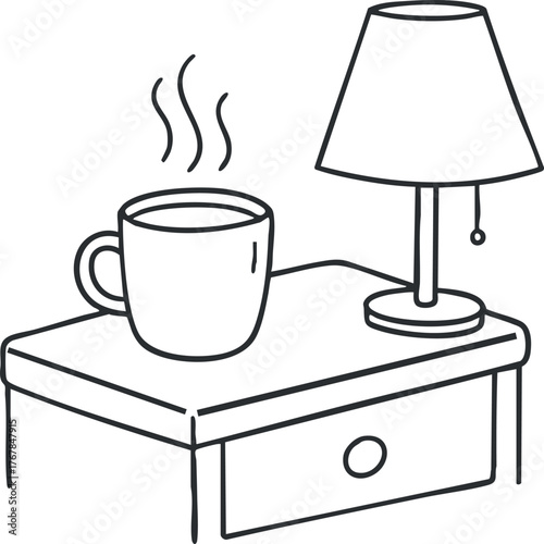 A cozy scene featuring a coffee mug and a lamp on a bedside table.