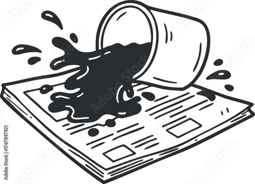 An illustration of a spilled cup of ink on a newspaper creating a messy scene.