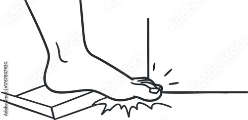 An illustration of a foot stubbing a toe against a wall in a home setting.