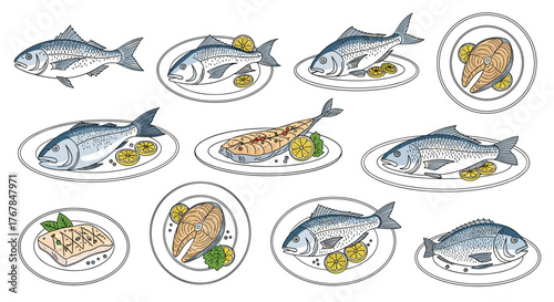 Collection of various types of fish dishes served on plates with lemon and herbs.