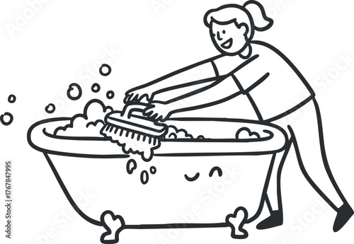A cheerful woman cleaning a bathtub filled with bubbles and soap, illustrating hygiene and relaxation.