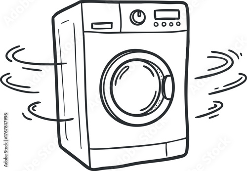 Illustration of a washing machine in motion symbolizing laundry and cleaning processes.