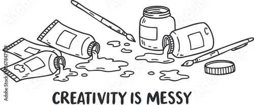 An illustration depicting various art supplies with the phrase creativity is messy.