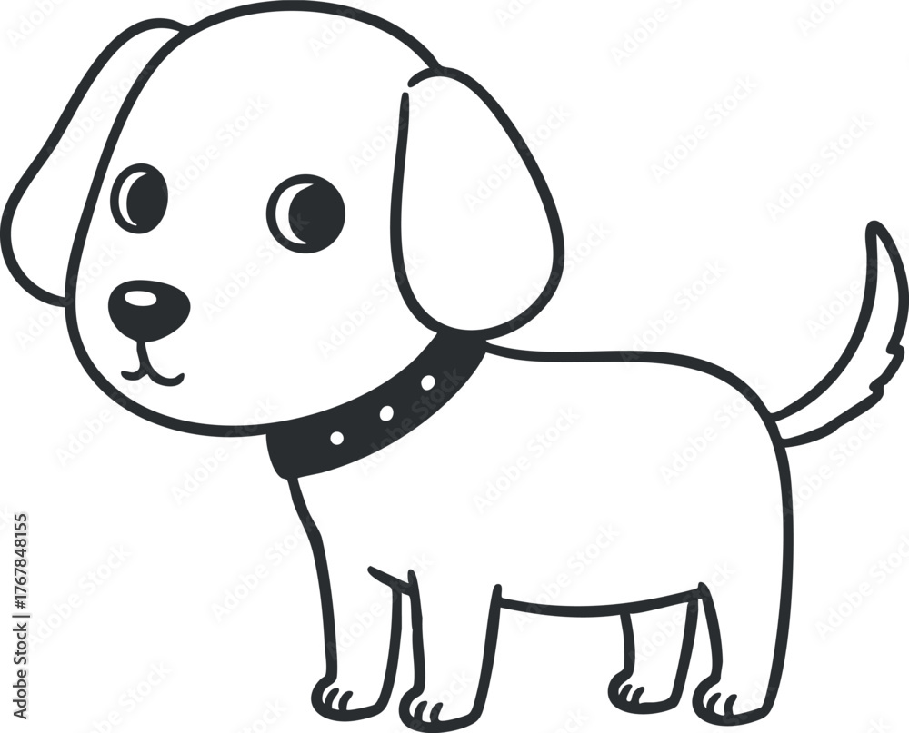 Naklejka premium A cute cartoon illustration of a playful puppy with a collar standing happily.