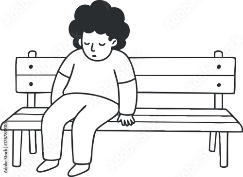 A cartoon illustration of a child sitting alone on a bench looking pensive and sad.