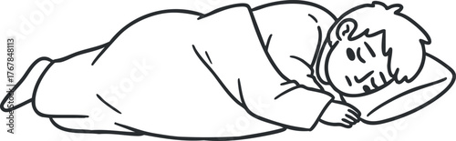 A simple illustration of a person peacefully sleeping on a bed with a pillow and blanket.