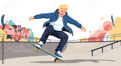 Energetic young man with blonde hair skateboarding in a colorful urban skate park, showcasing a vibrant outdoor activity.