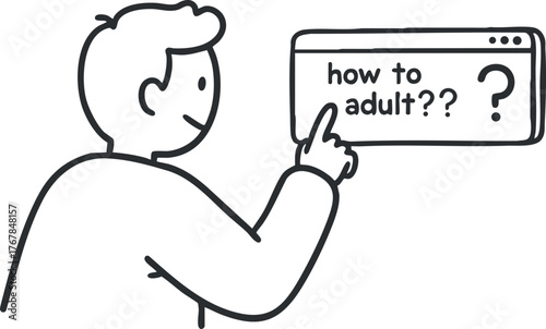 A cartoon character pondering how to navigate adulthood and life responsibilities.