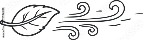 A simple illustration of a leaf being carried by a gentle breeze in nature.