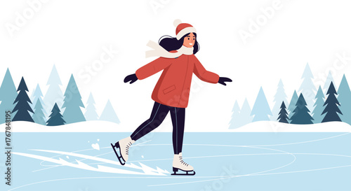 A joyful young woman in a warm winter coat and hat gracefully ice skates on a frozen lake surrounded by snowy pine trees.